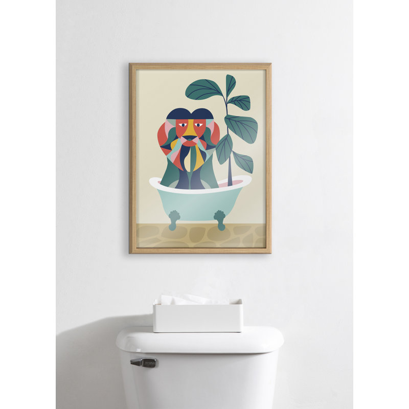 Art mural en verre Mid Mid Century Modern Lion in Bathaign par Rachel Lee 3 Birdies Studio, Toile avec cadre naturel