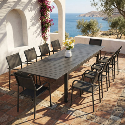 11 - Pieces Aluminum Metal Patio Stackable Dining Sling Chair Set With Extendable Rectangular Table 
