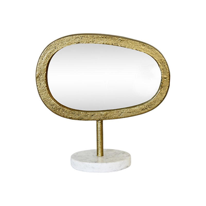 Miroir de table en fer au fini or vieilli sur base en marbre blanc et gris