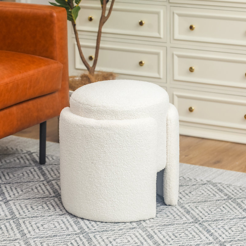 Nowata Teddy Fleece Boucle Upholstered Ottoman Stool, White