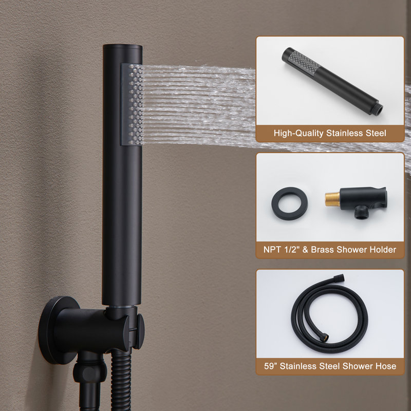 Thermostatic Rainfall Shower System with Rough in-Valve and Shower Body Spray, Matte Black