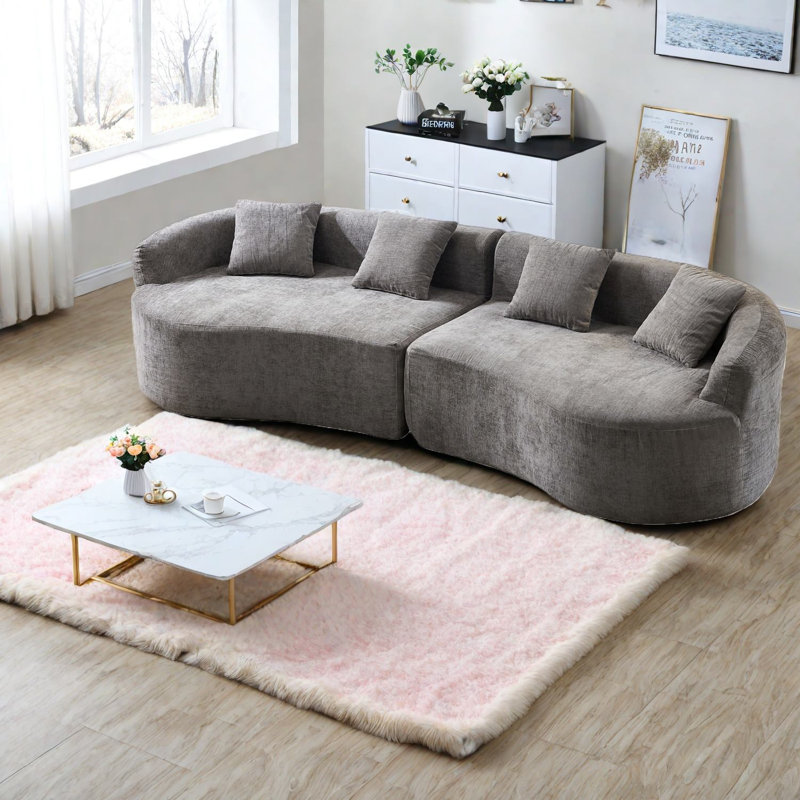 Modern Curved Sofas, 111 Inch Grey Chenille Deep Seat Sectional for Home