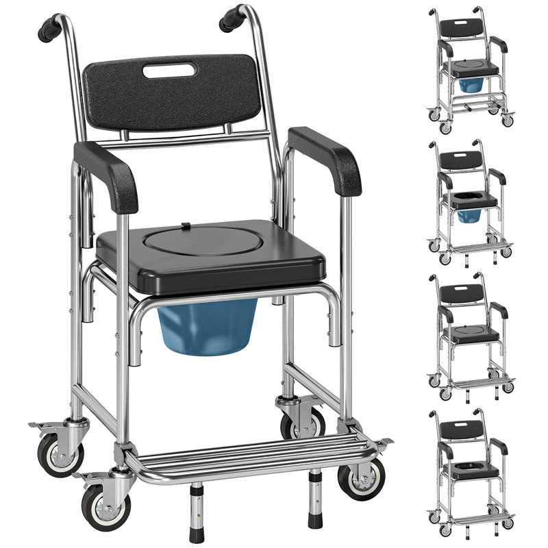 3-in-1 Shower Commode Wheelchair, FSA/HSA Eligible Transport Beside Commode Chair, Waterproof Rolling Over Toilet Chair 330 lbs. Weight Capacity with Padded Seat, Black