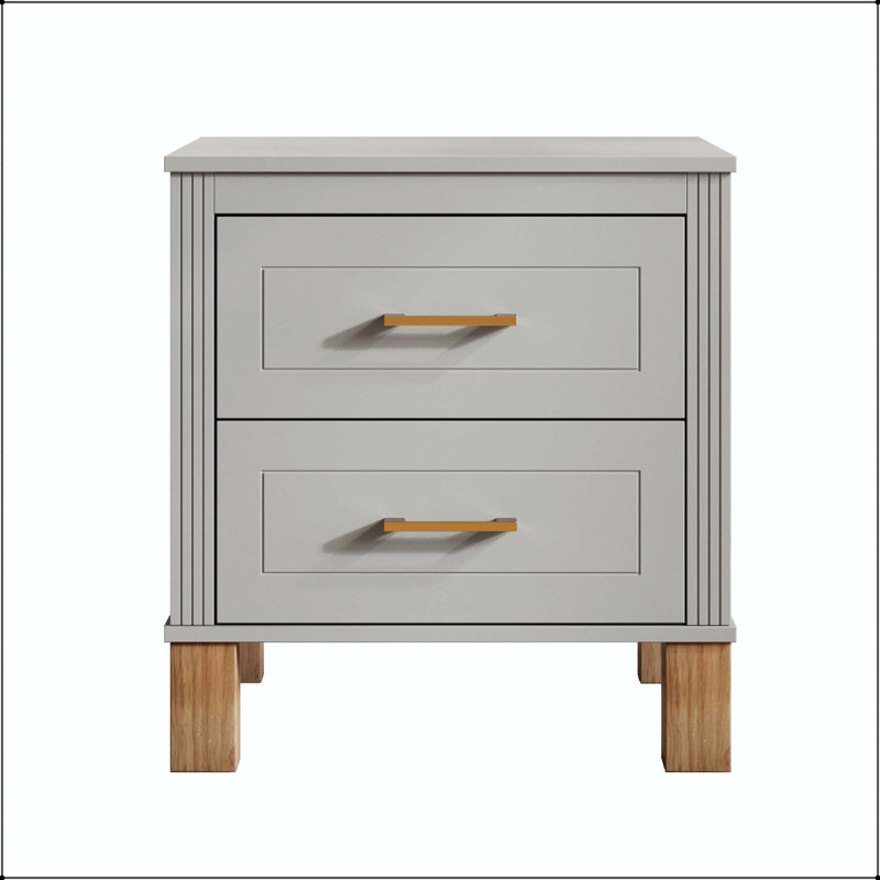 Grande table de chevet 2 tiroirs avec panneaux latéraux cannelés et pieds en bois massif, Grey