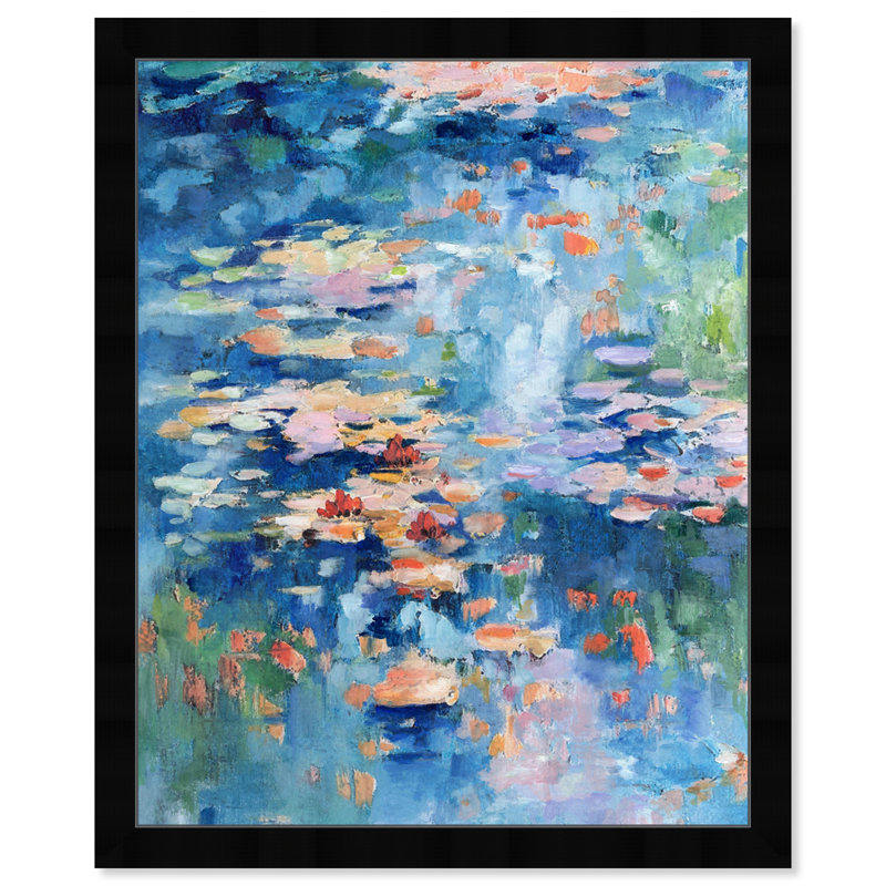 «Inspired by Monet Impressionist Waterlillies Modern Blue», impression encadrée, Papier avec cadre noir