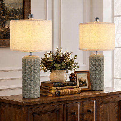 Ensemble de lampes de table 21 po en céramique texturée moderne avec abat-jour tambour en lin