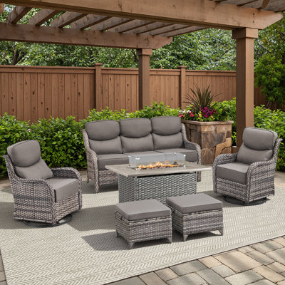 Ensemble de conversation pour canapé en osier 6 pièces avec chaises berçantes et foyer d'extérieur