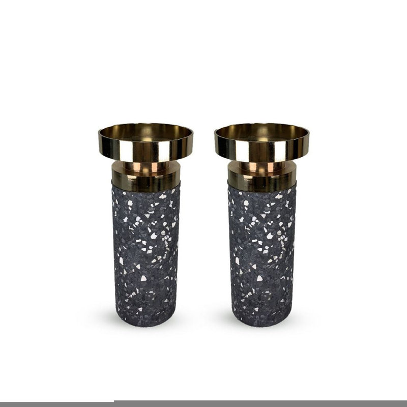 Splattered Cement Candlesticks with Gold Sconce, 7" H x 3" W x 3" D, Gold/Grey