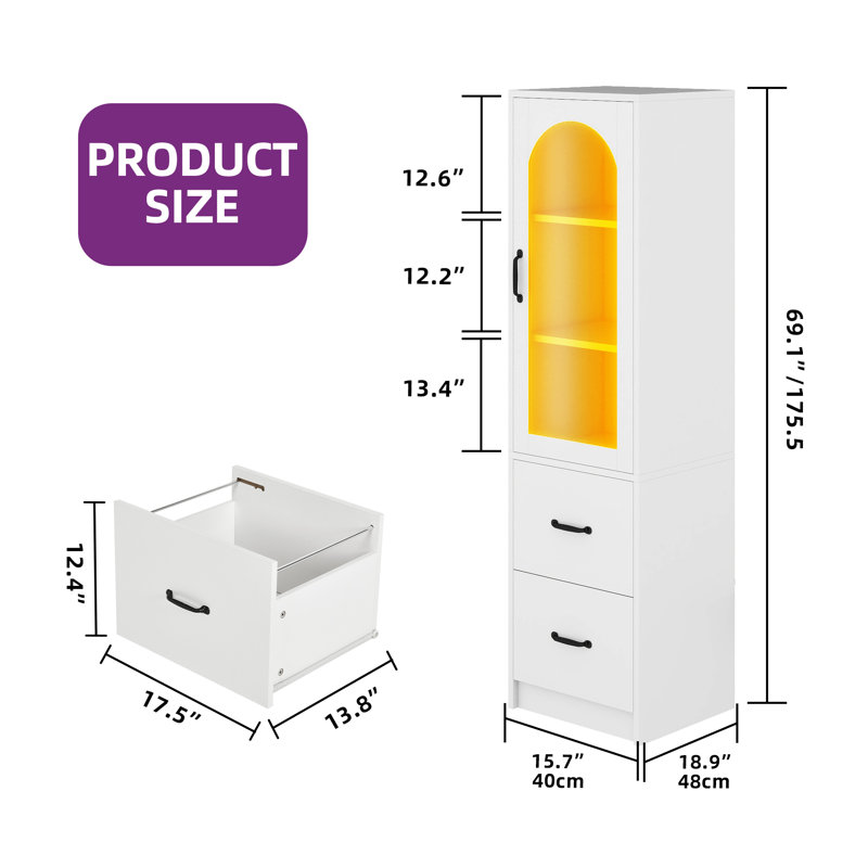 Marcita 2 Drawer File Cabinet, Filing Cabinet With Glass Doors And LED Light