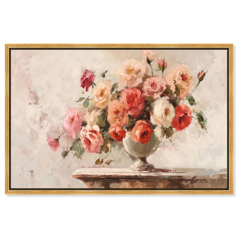 Voile rouge sur toile blanche, art floral glam par Art Remedy, Cadre flottant doré, H 31,5 po x l 46,5 po x P 1,2 po