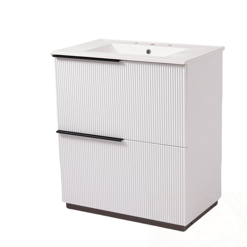 Meuble-lavabo de salle de bain avec lavabo en céramique et 2 tiroirs, Blanc