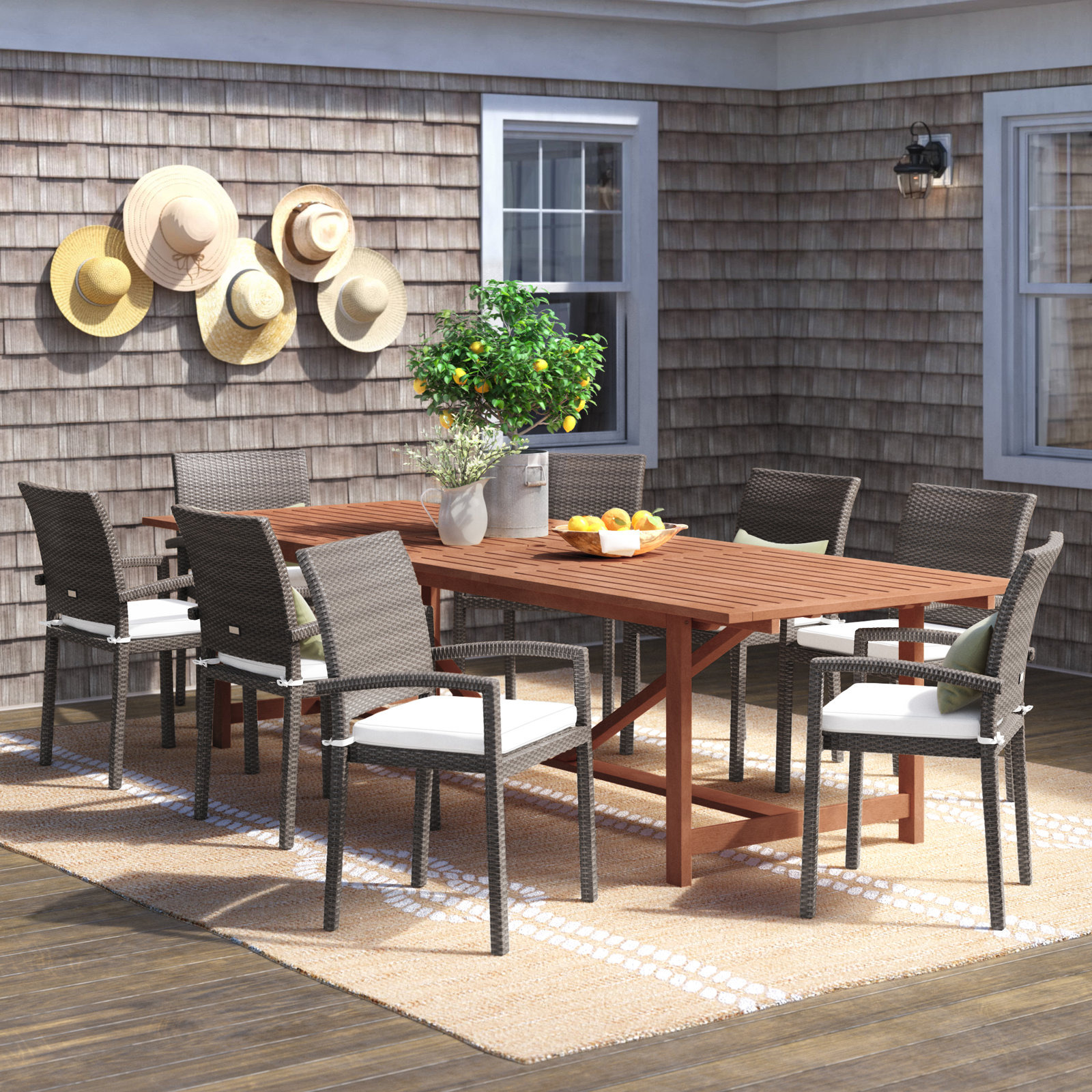 Alyisa 118" Eucalyptus Patio Dining Set, Gray, Dark Eucalyptus