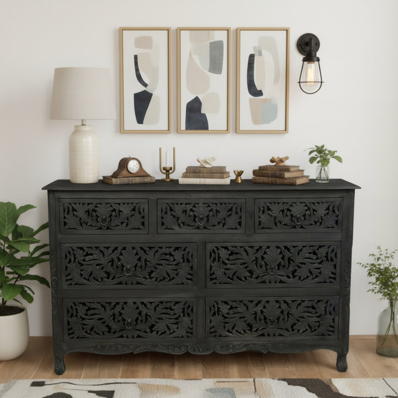 Harleen Solid Wood 57'' W 7 - Drawer Dresser, Black