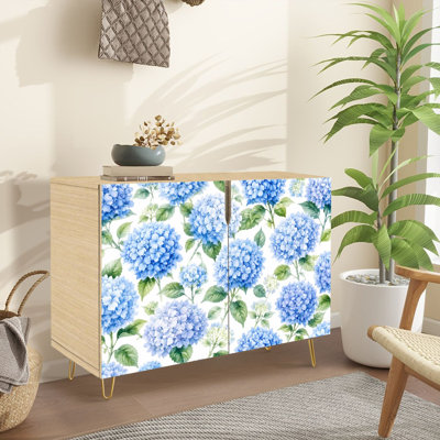 Buffet Buffet avec rangement Hortensia bleu à motif floral à feuilles vertes et blanc avec 2 portes pour le salon et la cuisine