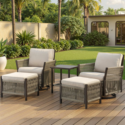 5 Piece Outdoor Woven Rattan Rope Swivel Glider Set with Ottomans & Side Table