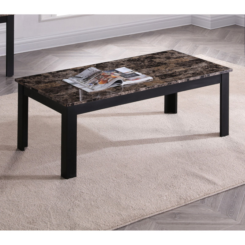 Table traditionnelle 3 pièces: table basse rectangulaire, tables de bout carrées, superposition de faux marbre, finition brune, système et surface d'assemblage faciles, pieds en bois, teinte, sans effort