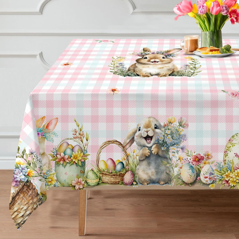Easter Tablecloth 60X84 Inch Rectangle - Pink And Blue Plaid Easter Decorations For The Home - Water Resistant Spring Table Cloth Rectangle For Party,Table, Outdoor