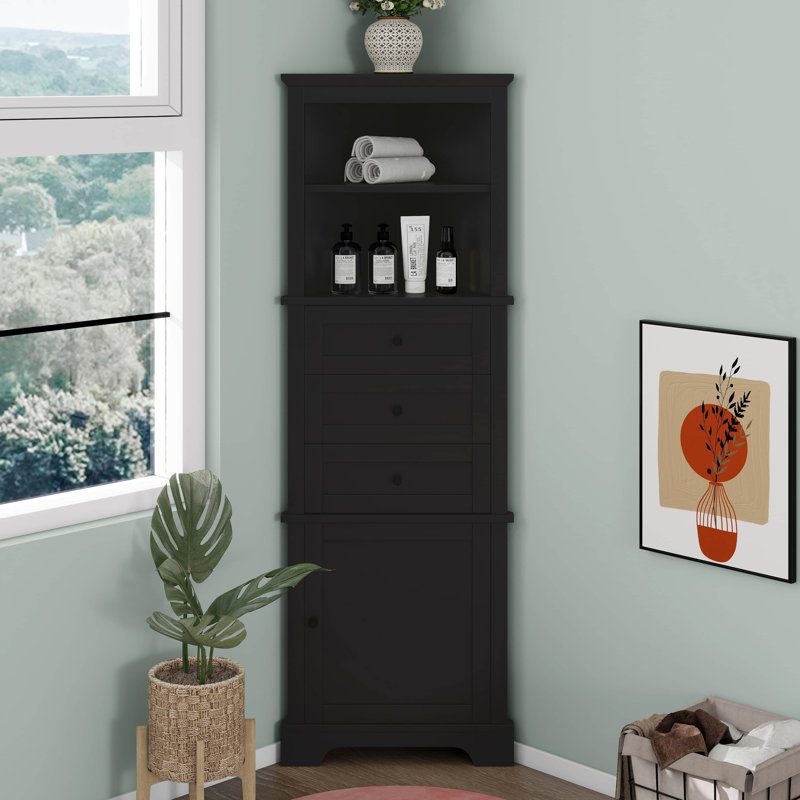 Armoire de rangement triangulaire haute avec 3 tiroirs et tablettes réglables pour la salle de bain, Noir
