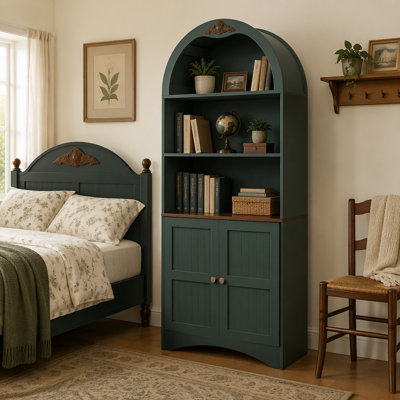Arched Storage Cabinet with Decorative Applique, MDF Anti-Scratch Surface, Adjustable Shelves, and Anti-Tip Strap for Dining and Living Room