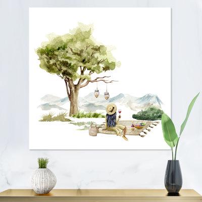 Jeune fille assise avec un verre de vin sous un arbre - impression d'art sur toile