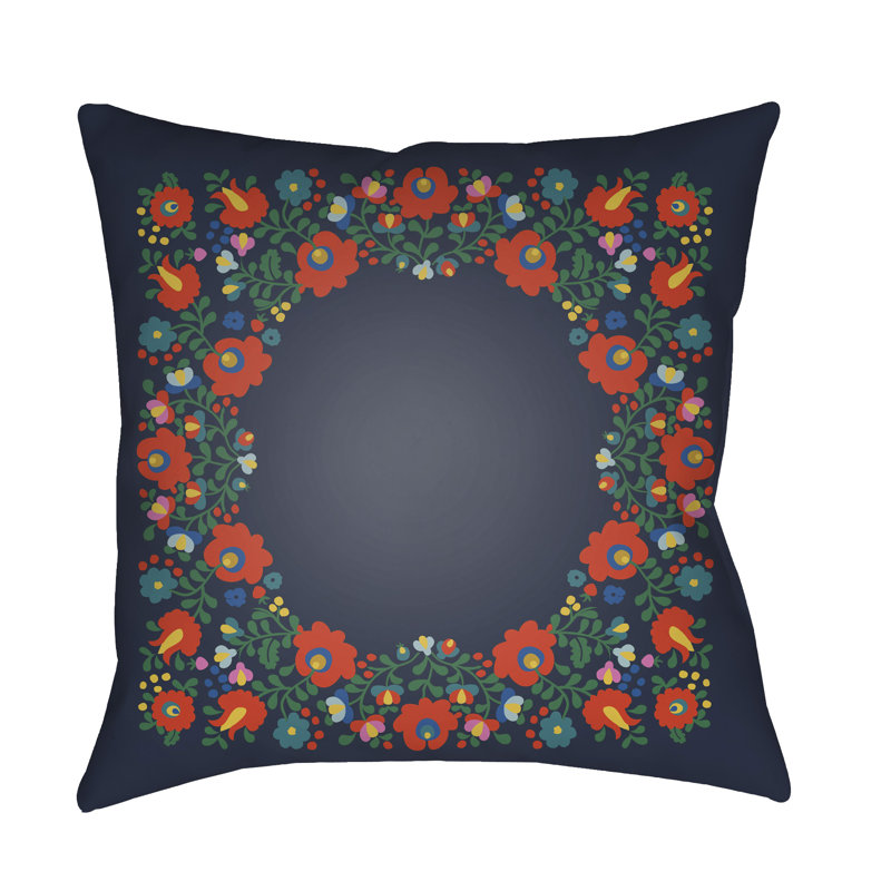 Coussin décoratif intérieur / extérieur à motif floral, Bleu marine, H 18 po x l 18 po x P 3 po