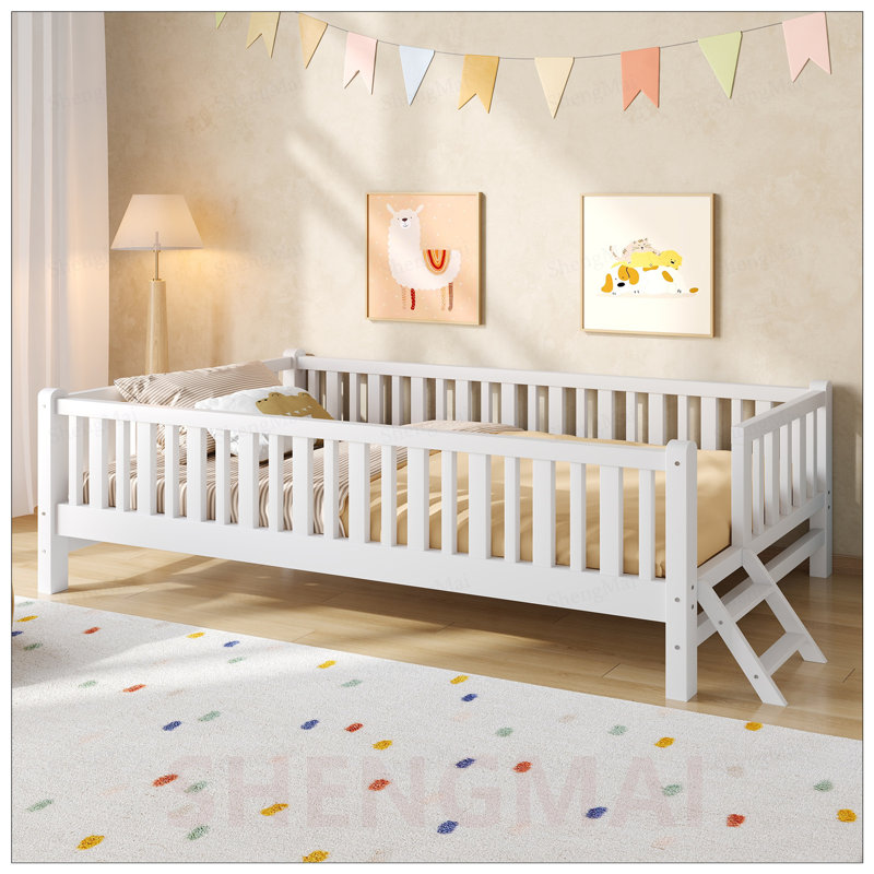 Lit plateforme en bois avec garde-corps, sécuritaire et robuste pour enfants et adultes, sans sommier, Blanc