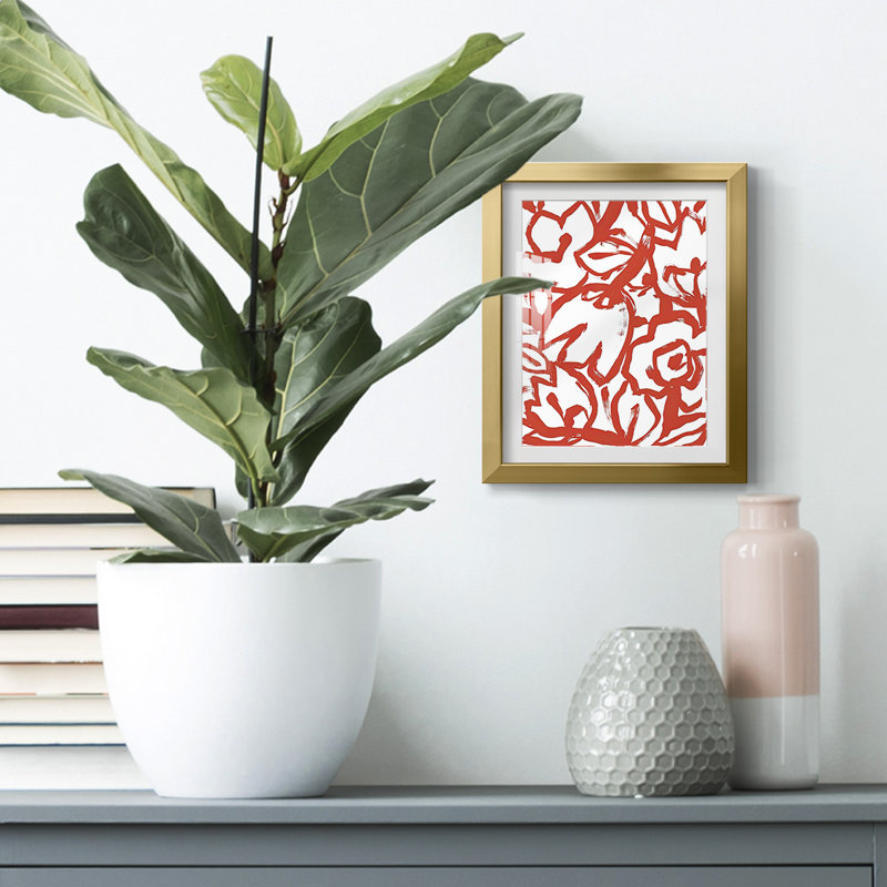 «Red Brush Floral I», impression encadrée, H 25,5 po x l 17,5 po, Doré