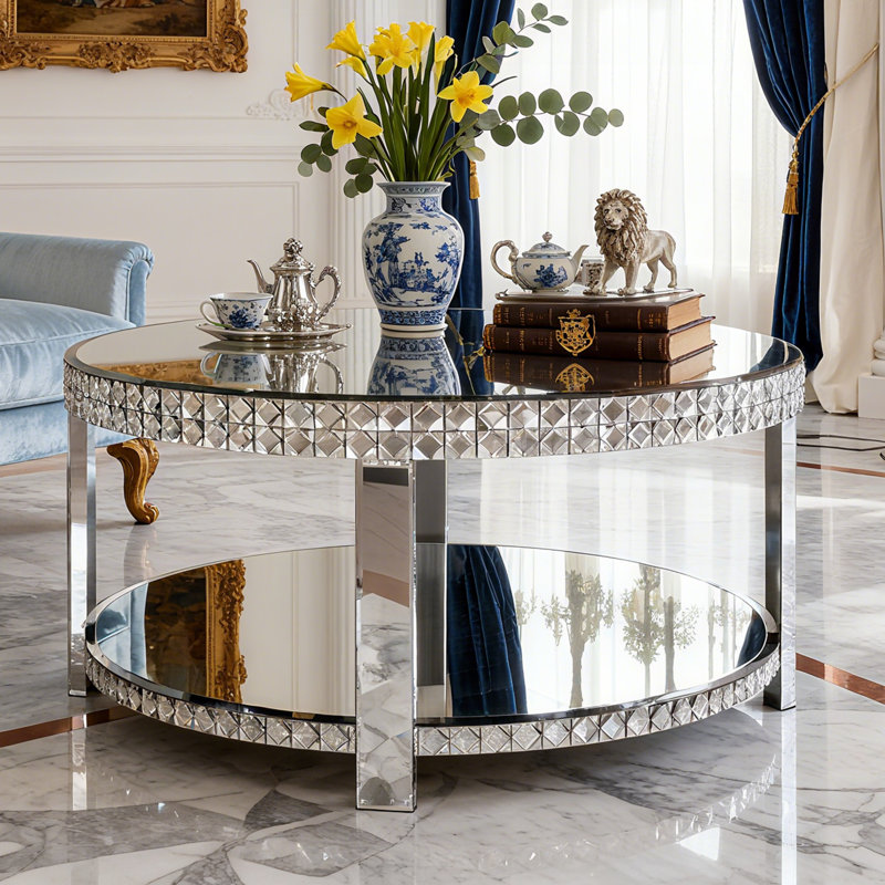 90x90cm Glass Mirrored Coffee Table with Storage Four Leg Coffee Table 