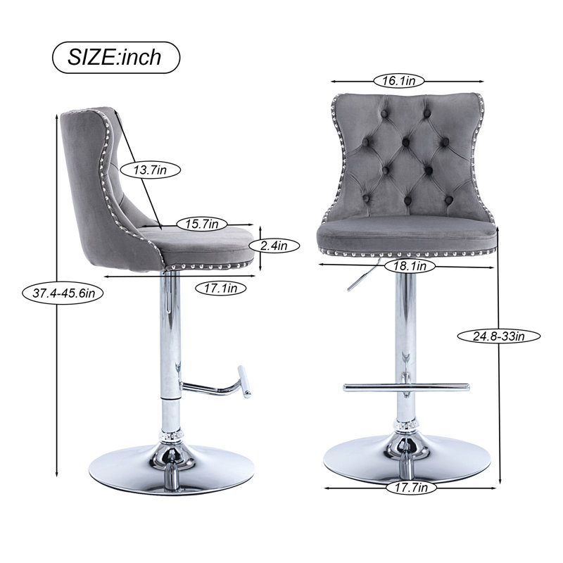 Tabourets de bar pivotants avec garniture cloutée, dossier capitonné en velours et repose-pieds doré, hauteur de comptoir réglable