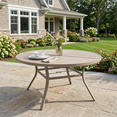 53" Patio Metal Round Dining Table With Slatted Tabletop