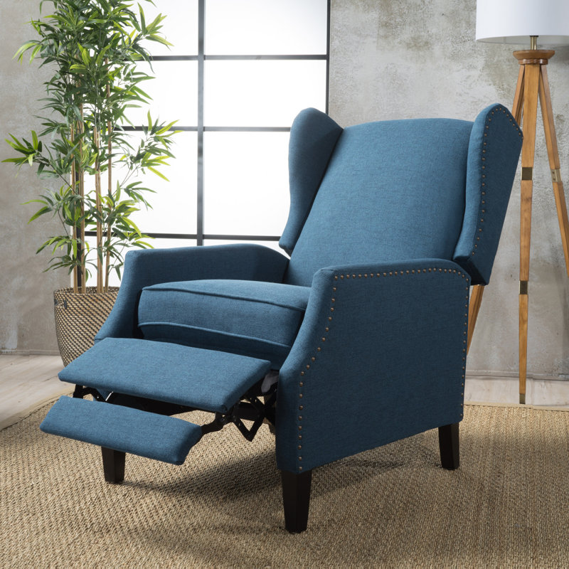 Boruta 26.5" W Manual Push Back Wing Chair Recliner, Navy Blue Fabric