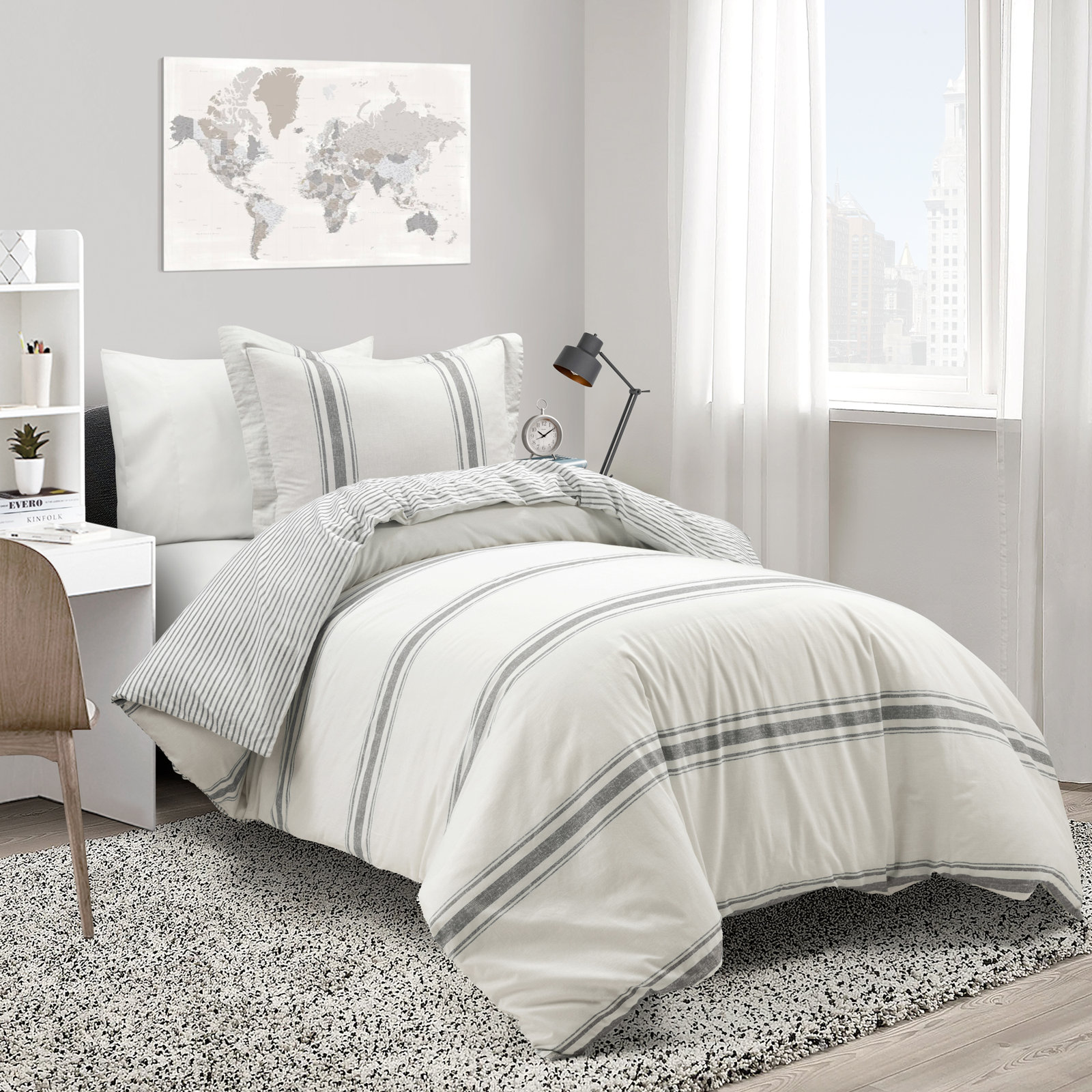 Standard Cotton 460 TC Reversible 3 Piece Duvet Cover Set, Gray, Queen Duvet Cover + Standard 2 Shams