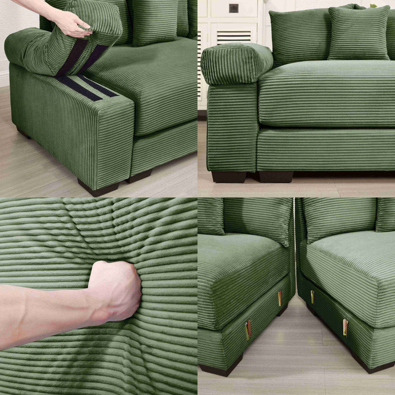 155" Oversized Cloud Modular L-Shape Sectional Sofa with Ottoman, Soft Corduroy Fabric, Green Corduroy