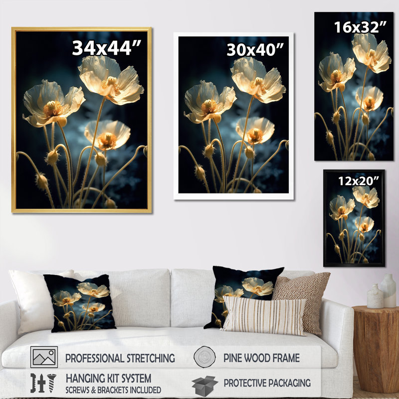 «Cream Vibrant Poppies II», reproduction sur toile, Cadre flottant doré, H 44 po x l 34 po x P 1,5 po
