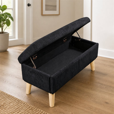Tabouret de rangement en velours côtelé noir et olive de 81 cm (32 pouces), avec pattes en bois et couvercle rabattable. Idéal comme repose-pieds de lit ou banc à chaussures dans une chambre, un salon ou une entrée.