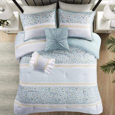 Édredon très grand / très grand avec coussins décoratifs - Motif chic à motif floral en seersucker bleu jaune et blanc 5 pièces pour bourre florale