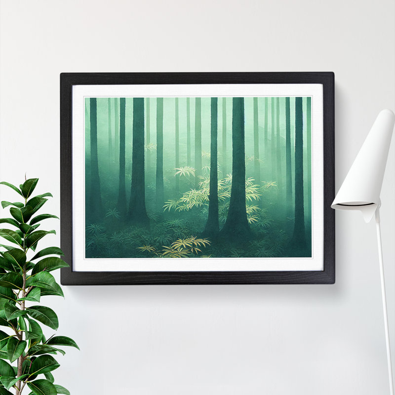 Misty Japanese Forest - Single Picture Frame Print, 46cm H x 64cm W, Black Framed