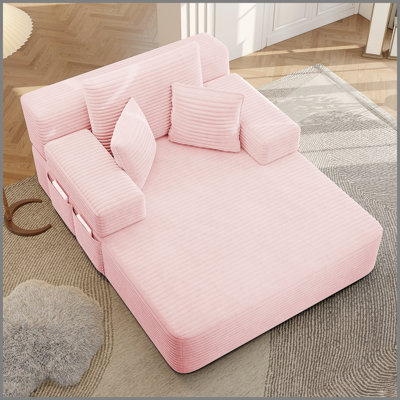 Luxueuse chaise longue en velours côtelé moelleux avec 3 coussins, canapé-lit convertible avec poche de rangement, conception sans cadre et mousse de compression pour les petits espaces, salon, appartement, rose bébé