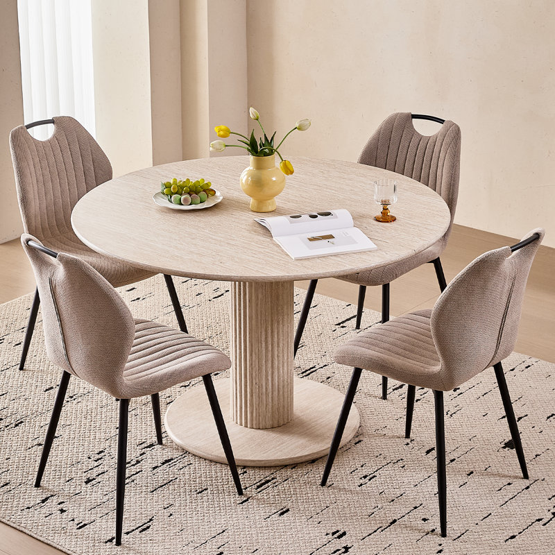 47" Round Dining Table For 4, [Cylinder Pedestal Base] [Stone-Patterned] Modern Circle Dinner Table For Kitchen Dining Room