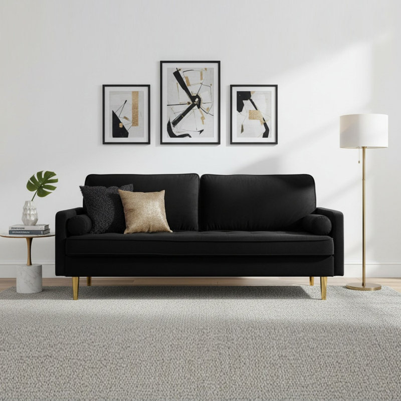 66.92" Modern Velvet Upholstered Square Arm Sofa and Loveseat, Black