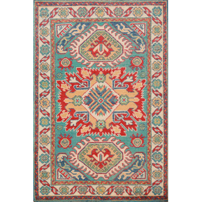 Tapis turquoise fait à la main Kazak 3 x 4