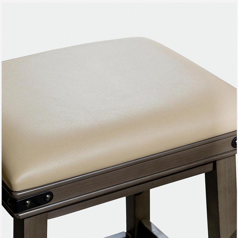 Tabouret de bar 24 po, traitement de surface gris patiné, siège en cuir gris français