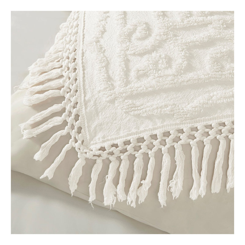 Ensemble de couvre-lit Boho Medallion Chenille - Literie en coton touffeté blanc cassé avec frange, Ivoire ivoire