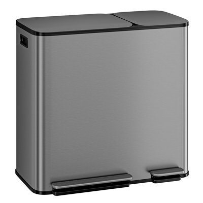 Double poubelle de cuisine en acier inoxydable 13,2 + 5,2 gallons (50 + 20L) avec couvercle à fermeture douce, grande poubelle double avec 2 seaux intérieurs amovibles et poubelles de recyclage