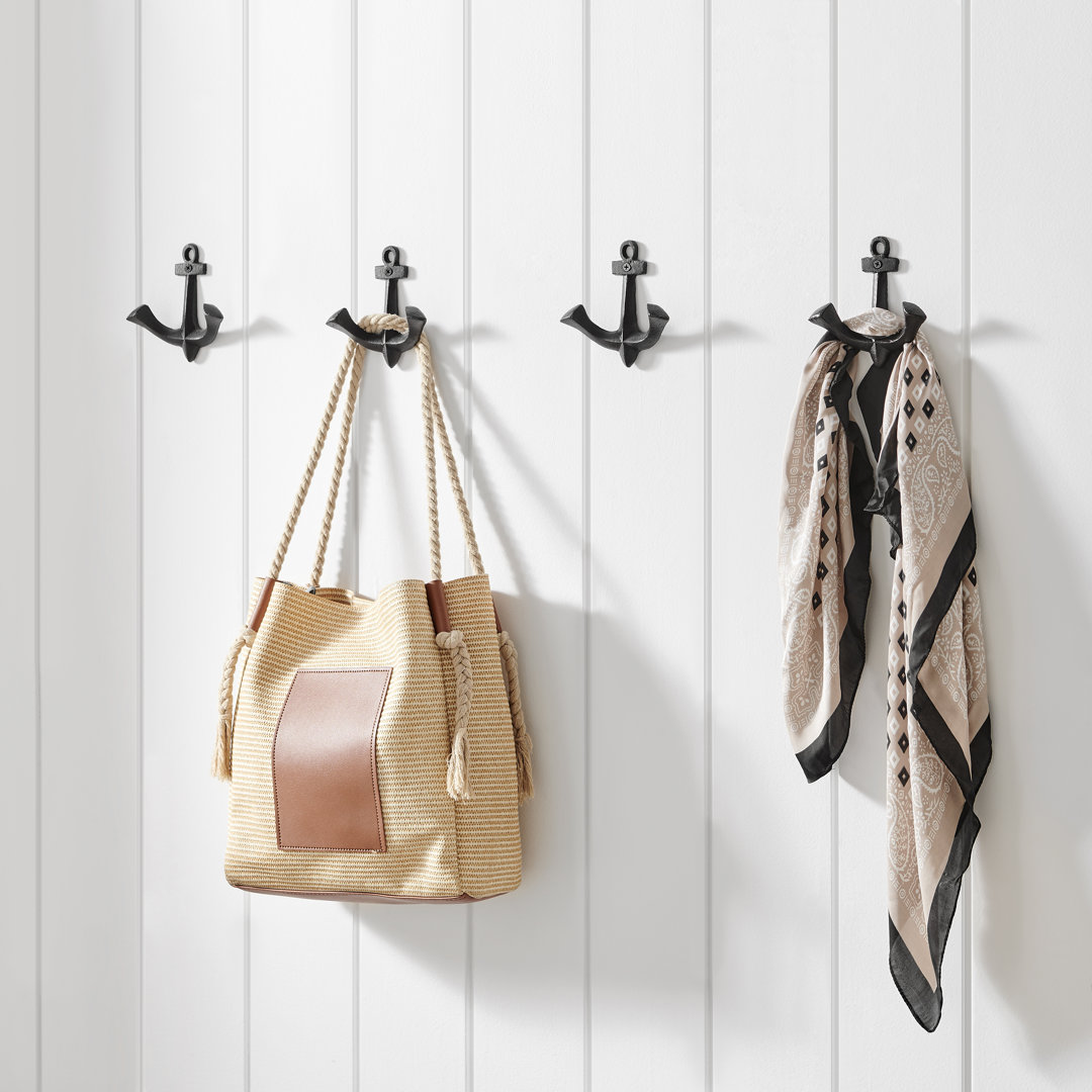 4 Piece Dark Brown Cast Iron Anchor Two-Prong Decorative Wall Sculpture Figure Utility Double Hook Set Winston Porter