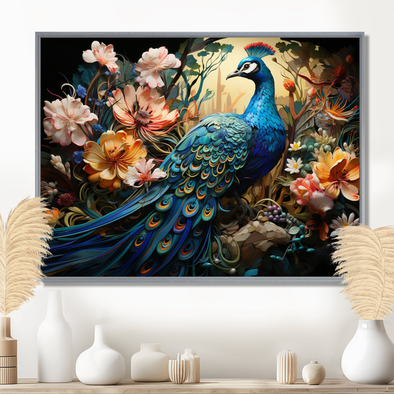 Teal Peacock Parade I - Peacock, reproduction d'art encadrée, Encadrement argenté, 12" H x 20" W