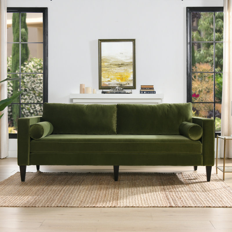 Canapé à accoudoirs carrés avec coussins réversibles 85 po Peoria, Velours vert olive