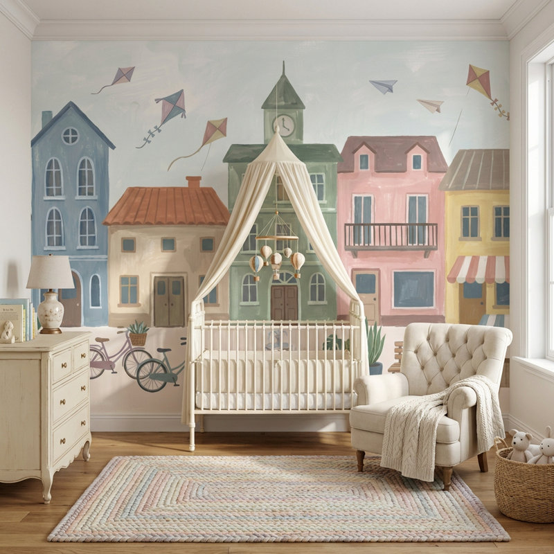 Murale de bicyclette Whimsical Town, 160 po x 108 po, Peler et coller