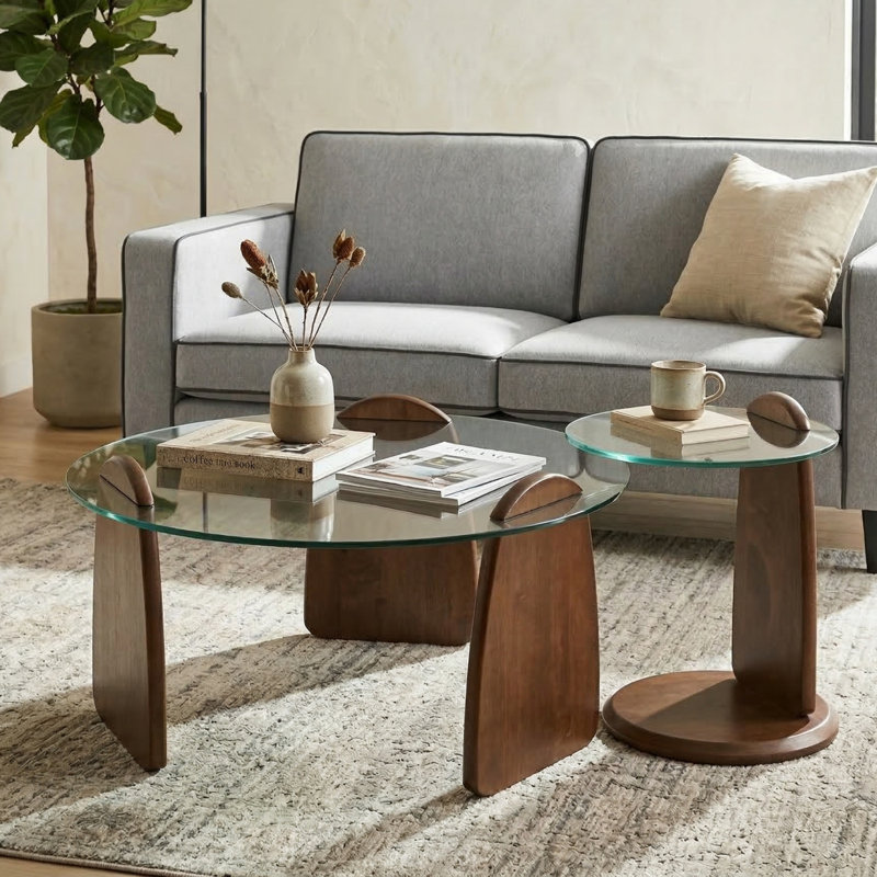 Forma Set of Two Wooden Coffee Tables with Tampered Glass Side Table, Walnut