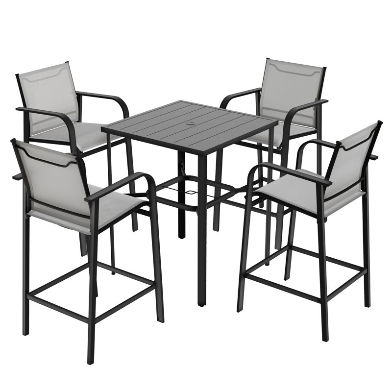 Patio 5-Piece Bar Set With Umbrella Hole, PVC-coated polyester Bar Stools